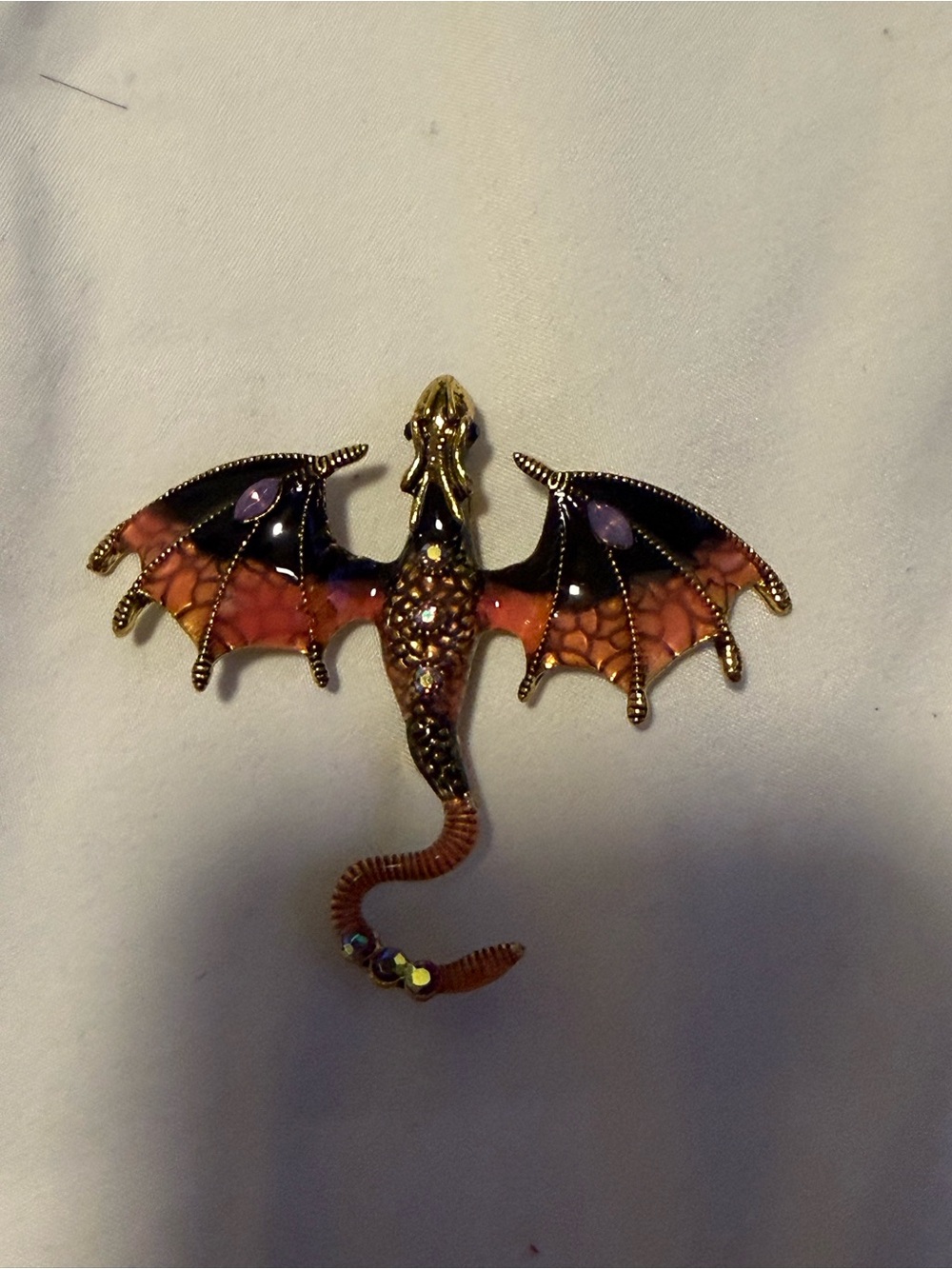 Vibrant peach & black enamel Dragon Rhinestone Brooch